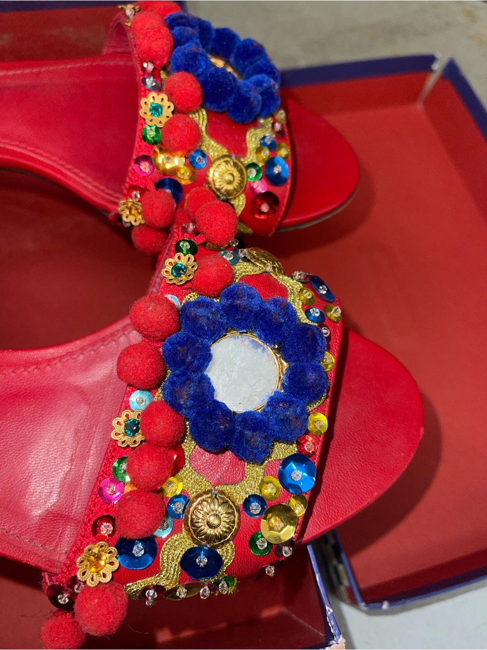 Statement Piece Dolce & Gabbana Red Embellished Pom-Pom Slide Mules - Picture 6 of 10